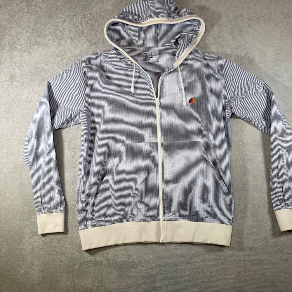 MRK Make Your Mark Seersucker Zip Hoodie Blue White Striped Umbrella Logo Medium